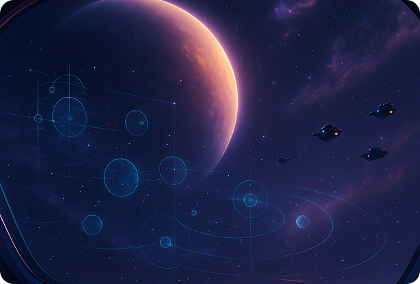 An exciting adventure on CosmicRaiders — spaceships flying near a planet with cosmic grid overlay